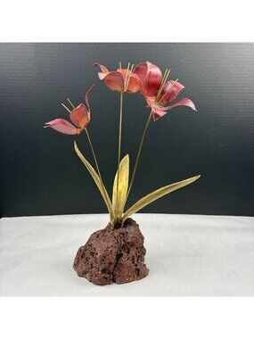 Vintage Metal Flower Sculpture On Lava Rock Base